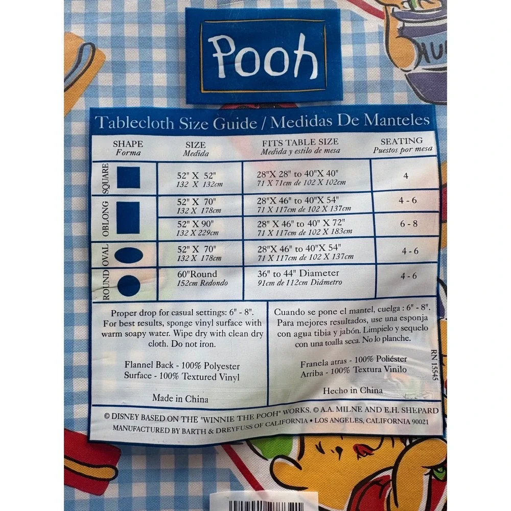 VTG Disney Winnie the Pooh Vinyl Tablecloth 52x70 Oblong Blue Gingham‎ Flannel